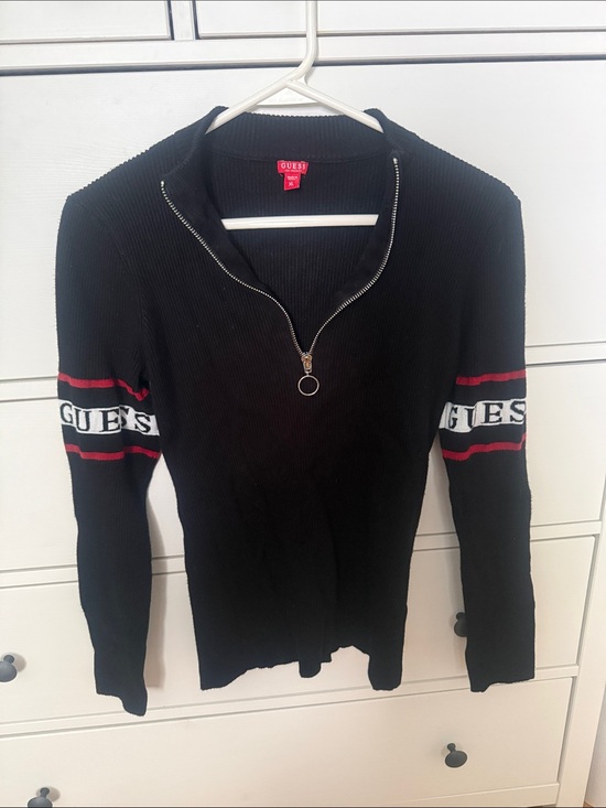 Guess Tops - GUESS Black Half-Zip Ribbed Sweater with Red & White Sleeve Bands